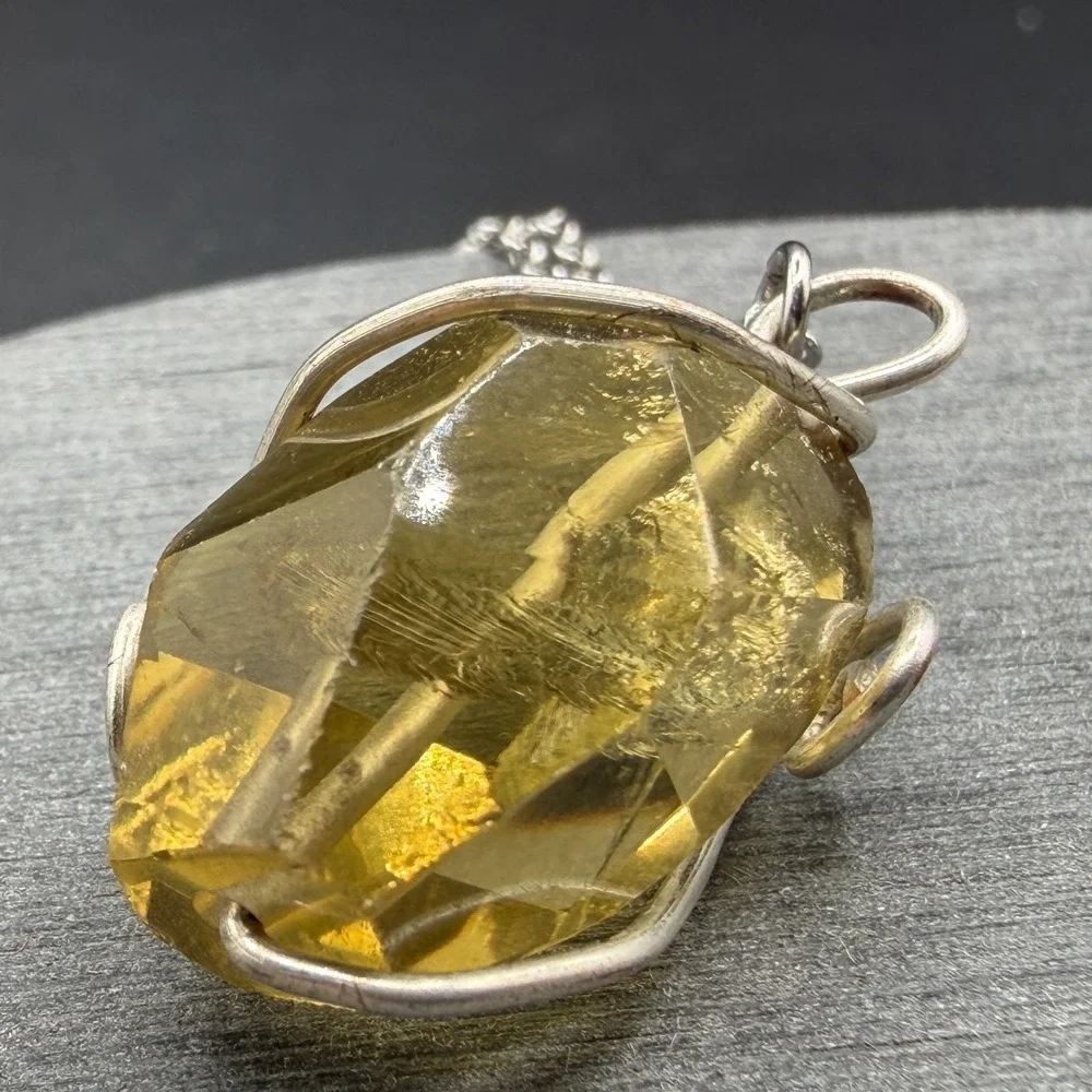 Citrine Yellow Crystal Wire Wrapped Pendant Necklace Silver Tone Boho Gift